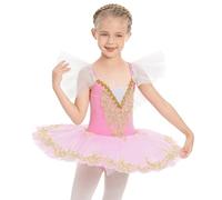 IWEMEK Robe de Ballet Fille Tenue Danse Classique avec Tutu Tulle Plateau Lac des Cygnes Justaucorps Broderies Perles Enfant Ballerina Princesse Costume Danseuse Manches à Volants Rose 7-8 Ans