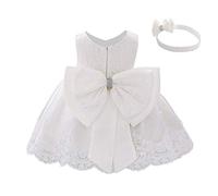 IWEMEK Robe de Baptême pour Nouveau-né Fille Sans Manches A-Line en Tulle - Première Communion, Demoiselle d'Honneur avec Bowknot Dentelle - Soirée, Mariage, Noël - Blanc 18-24 Mois