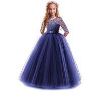 IWEMEK Robe de demoiselle d'honneur en dentelle florale à manches 3/4 pour filles, robe de première communion, concours de beauté, princesse, anniversaire, carnaval, Noël, fille d'honneur, mariage