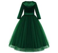 IWEMEK Robe de Fleur Fille Demoiselle d'honneur Robe de Soirée Mariage Tulle Velours Manches 3/4 Princesse Longue Robe de Première Communion Anniversaire Fête Noël Carnaval