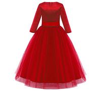 IWEMEK Robe de Fleur Fille Demoiselle d'Honneur Soirée Mariage Tulle Velours Manches 3/4 Princesse Longue Première Communion Anniversaire Fête Noël Carnaval #A: Rouge 7-8 Ans