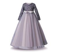 IWEMEK Robe de Fleurs Tulle Paillettes à Manches Longues Bowknot pour Demoiselle d'Honneur, Mariage, Première Communion, Cérémonie, Soirée, Bal - Gris 5-6 Ans