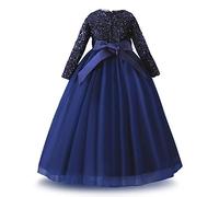 IWEMEK Robe de Fleurs Tulle Paillettes à Manches Longues Bowknot pour Filles - Demoiselle d'Honneur, Mariage, Première Communion, Cérémonie, Soirée, Bal - Bleu Marine 11-12 Ans