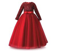 IWEMEK Robe de Fleurs Tulle Paillettes à Manches Longues Bowknot pour Filles - Demoiselle d'Honneur, Mariage, Première Communion, Cérémonie, Soirée, Bal - Rouge 6-7 Ans