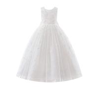 IWEMEK Robe De Mariee Enfant Fille sans Manches Robe Tulle Fille Bapteme de Communion d'anniversaire du Soir Anniversaire Fête de Mariée avec Broderie Papillon Blanc 110cm