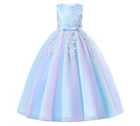 IWEMEK Robe De Mariée Princesse Sequins Fille Enfant Ceremonie Mariage Longue de soirée Arc-en-Ciel colorées imprimées en 3D Bapteme de Communion d'anniversaire du Soir Bleu 140