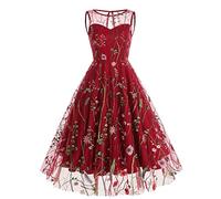 IWEMEK Robe Fleurie Femme Vintage Année 50 Broderie en Tulle Pin Up Rockabilly Swing Robe de Soirée Cocktail fête Mariage Demoiselle d'honneur Bal Cérémonie #A: Rouge sans Manches M