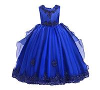 IWEMEK Robe Mariage Fille Enfant Robe Princesse Fleur Perlé Brodée Longue Dentelle Hi-Lo sans Manches Demoiselle d'honneur Soirée Cérémonie Baptême Photographie Anniversaire Carnaval Bleu 8-9 Ans