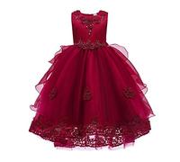 IWEMEK Robe Mariage Fille Enfant Robe Princesse Fleur Perlé Brodée Longue Dentelle Hi-Lo sans Manches Demoiselle d'honneur Soirée Cérémonie Photographie Anniversaire Carnaval Rouge 10-11 Ans