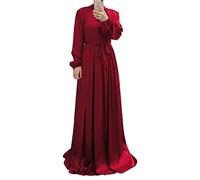IWEMEK Robe Musulmane Femme Prière Satin Brillant Moderne Abaya Couverture Complète Manches Bishop Longue avec Ceinture Nœud Papillon Dubai Arabe Islamique Moyen-Orient Ramadan Soirée Rouge L