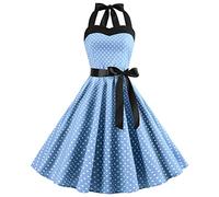 IWEMEK Robe Vintage Années 50 Femme Retro Rockabilly Pin Up Élégante Robes sans Manche Dos Nu Décolleté en Cœur Polka Dot Trapèze Mariage Cocktail Soirée Fête Cérémonie Décontractée Midi Bleu Clair M