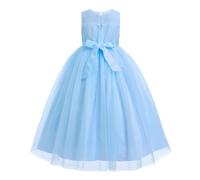 IWEMEK Robes pour Petites Filles Tulle Dos Nu Longues Bal Fin d'anne sans Manches Bouffantes Princesse Habille de Soire Mariage Demoiselle d'honneur Baptme Fte Anniversaire Bleu 3-4Y