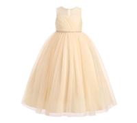 IWEMEK Robes pour Petites Filles Tulle Dos Nu Longues Bal Fin d'anne sans Manches Bouffantes Princesse Habille de Soire Mariage Demoiselle d'honneur Baptme Fte Anniversaire Champagne 13-14Y