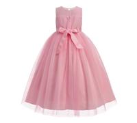 IWEMEK Robes pour Petites Filles Tulle Dos Nu Longues Bal Fin d'anne sans Manches Bouffantes Princesse Habille de Soire Mariage Demoiselle d'honneur Baptme Fte Anniversaire Rose 13-14Y