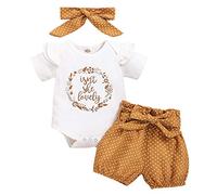 IWEMEK Vetement bébé Fille Ete Ensemble Bébé Nouveau-né Tenue, Combi-short à manches longues/courtes + Pantalon imprimé fleuri + Bowknot Bandeau Marron 3-6 mois
