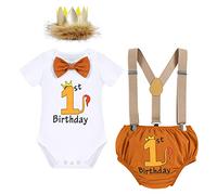 IWEMEK Vêtement Bébé Garçon 1 an Anniversaire Costume Cérémonie Tenue Barboteuse + Bloomer + Bretelle en Y + Nœud Papillon + Bandeau Couronne 4 Pièces Déguisement Photographie Lion 1 Marron 6-12 Mois