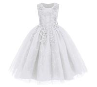 IWEMKE Enfants Filles Robe Mariage Tulle Dentelle Robe Princesse Longue Fleur Brodée Soirée Demoiselle d'honneur Robe Tutu sans Manches pour Pageant Baptême Fête Anniversaire Carnaval Blanc 4-5 Ans