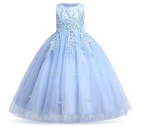 IWEMKE Enfants Filles Robe Mariage Tulle Dentelle Robe Princesse Longue Fleur Brodée Soirée Demoiselle d'honneur Robe Tutu sans Manches pour Pageant Baptême Fête Anniversaire Carnaval 3-12 Ans