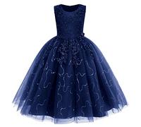 IWEMKE Robe Princesse Longue pour Enfants Filles - Tulle Dentelle, Fleur Brodée, Sans Manches - Mariage, Soirée, Demoiselle d'Honneur, Pageant, Baptême, Fête, Anniversaire, Carnaval - Bleu 4-5 Ans