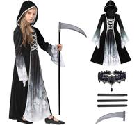 IWFREE Déguisement Faucheuse Fille, Gothic Vintage Vampire Sorcière Fantôme Mariée Fantôme Velours Robe à Capuche et Scythe Collier Set pour Halloween Carnaval Fête Mascarade Costume, Enfant 5-14 Ans