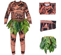 IWFREE Déguisement Maui Homme Cosplay Vaiana Demigod Maui Manche Longues Imprimé Top Pantalon Ceinture à Feuilles Set pour Halloween Noël Carnaval Fête Anniversaire Mascarade Costume, S-XXL