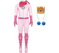 IWFREE Déguisement Peach Jumpsuit avec Couronne Fille Princesse Peach Compléter Combinaisons de Jeu et Cravates Boucles d'oreilles Set 4 Pièces pour Enfant Halloween Noël Carnaval Fête Cosplay Costume