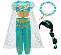 IWFREE Princesse Jasmin Déguisement Robe et Perruque Bracelet pour Fille Cosplay Halloween Noël Carnaval Fête d'anniversaire Mascarade Haut et Pantalon Set Aladdin Danse du Ventre Costume 3-9 Ans