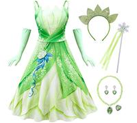 IWFREE Robe de Princesse Tiana Fille Déguisement Princesse Grenouille Costume avec Gants et Accessoires Bandeau de Fleurs Set pour Enfants Cosplay Halloween Carnaval Anniversaire Fête Soirée Vêtements