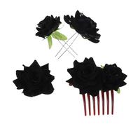 IWOWHERO Ensemble 4 Pièces Accessoires Cheveux Fleurs Noires Tissu Peigne Latéral 7 Dents 2 Pinces en U Broche Rose Artificielle pour Mariage, Fête et Demoiselles d'Honneur