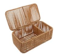 IWOWHERO Panier Rotin Tissé avec Couvercle Petit Rangement Rectangulaire à Compartiments Boîte Empilable pour Jouets et Snacks Organisateur de Bureau Japonais Anti-poussière