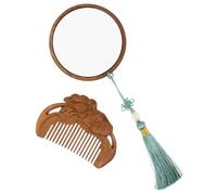 IWOWHERO Set Miroir Portable et Peigne Bois Sculpté Main avec Motifs Vintage et Pompon pour Voyage Bureau et Soins Quotidiens