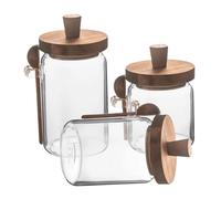 IWOWHERO Sets de Récipients à Condiments en Verre Borosilicaté Lot de 3 avec Couvercles en Bois et Cuillères, Pots à Épices Hermétiques Cuisine, Capacité 850ml, 550ml et 400ml
