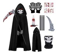 IWTBNOA Costume de faucheuse pour enfant - Ensemble de costume d'Halloween avec masque crâne, faux, gants squelette, cape d'Halloween, cape de faucheuse, cape avec capuche, cape de vampire, décoration