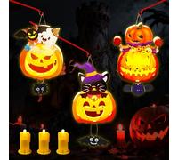 IWTBNOA Lot de 3 lanternes d'Halloween à LED DIY pour enfants avec baguette de lanterne, lanterne en papier citrouille pour enfants, décoration de fête d'Halloween, cadeaux pour garçons et filles