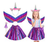 IWTBNOA Lot de 4 costumes de licorne de princesse pour enfant, serre-tête de licorne, ailes, baguette magique avec jupe tutu arc-en-ciel, costume de licorne fille pour carnaval, jeux de rôle,