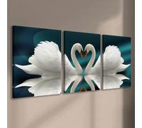 IXEHOH 3 Panneaux Tableau Toile Cygne Blanc Couple Forme de Coeur Triptyque Décoration Murale Moderne Sarcelle Nature Œuvre d'art pour Murs Chambre Romantique Salon Peintures Murales 70x90cmx3