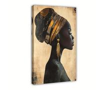 IXEHOH Art Mural Africain Américain Portrait Femme Noire Tableaux Toile Accents Dorés Grand Art Mural Vertical Moderne Décoration Salon Chambre Esthétique Œuvre d'art pour les Murs 50x70