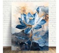 IXEHOH Fleur de Lotus Bleue Toile Murale Moderne Œuvre d'art Florale pour les Murs Marine et Or Abstrait Botanique Zen Déco de Yoga Élégante Lily Photos Décoration Murale Esthétique Art 60x90