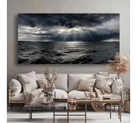 IXEHOH Grand Tableau Toile Mer Déchaînée avec Rayons de Soleil à Travers Nuages Sombres Décoration Murale Salon Chambre Art Horizontal Extra Large Paysage Marin Moderne 70x150cm