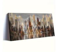 IXEHOH New York City Skyline Paysage Urbain Abstrait Tableau Toile, Peinture Architecture Empire State Building, Grand Tableau Mural Paysage pour Salon, Déco Urbaine Tons Terre 70x140cm