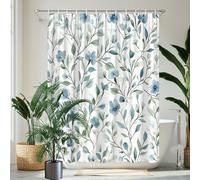 IXEHOH Rideau de Douche à Motifs Floraux Bleus et Verts,imprimé botanique Minimaliste,Tissu Polyester avec 12 Crochets (175 x 190 cm/69 x 75 po (L x H)