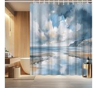 IXEHOH Rideau de Douche Aquarelle Ocean Beach,Paysage de Vagues côtières,Rideau de Douche avec Crochets,décoration de Salle de Bain,Tissu Lavable en Machine (80 x 200 cm/31 x 79 po (L x H)