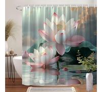 IXEHOH Rideau de Douche Rose à Motif de Fleur de Lotus,élégant Rideau de Salle de Bain Blanc Doux à Motif botanique Vert avec 12 Crochets,Lavable en Machine (120 x 240 cm/47 x 94 po (L x H)