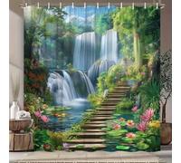 IXEHOH Rideau de Douche Tropical Oasis avec Cascade Rose pour Rideau de Douche Lotus pour décoration de Salle de Bain Nature Tissu Polyester,12 Crochets(150x180cm/59x71in(LxH)