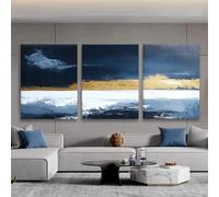 IXEHOH Tableau 3 Pièces Abstrait Bleu Marine et Or Paysage Moderne Décoration Murale pour Salon Chambre Bureau Grand Oeuvre d'art pour Murs Horizontale Affiche et Gravures sur Toile 70x90cmx3