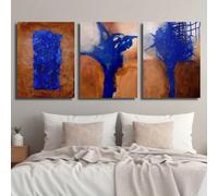 IXEHOH Tableau Abstrait Bleu 3 Pièces, Art Mural Moderne Triptyque Marine et Marron, Décoration Murale pour Salon et Chambre, Grande Peinture Verticale Esthétique pour la Maison 20x30cmx3
