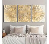 IXEHOH Tableau Abstrait Or et Argent Rayon de Soleil sur Toile 3 Pièces Moderne Starburst Décoration Murale Salon Chambre Grand Format Impression sur Toile Image Murale Esthétique 60x80cmx3