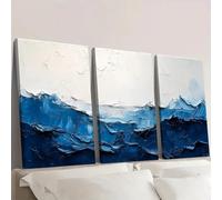 IXEHOH Tableau de 3 Pièces Abstrait Bleu et Blanc sur Toile, Peintures de Vagues d'Océan Texturées Modernes, Œuvres d'Art Verticales pour Murs, Chambre Salon Décoration Murale Esthétique 30x40cmx3