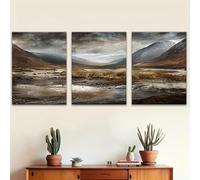 IXEHOH Tableau de Paysage de Montagne en 3 Parties, Décoration Murale Nature Abstraite tons Terre, Peintures Murales Rustiques pour Salon, Images Verticales Marron et Gris 50x70cmx3