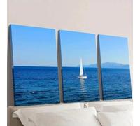 IXEHOH Tableau Mer Bleue sur Toile 3 Pièces Voilier Décoration Murale Paysage Nautique Côtier Œuvre d'Art pour Murs Salon Moderne Chambre Bureau Affiches & Gravures 50x70cmx3